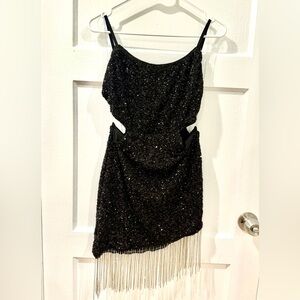 Black Sequin Cutout Mini Dress With Sparkle Fringe Hem